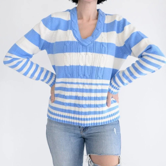 Vintage 90's Y2K Tommy Hilfiger Blue & White Stripe V-Neck Long Sleeve Sweater - Picture 2 of 12